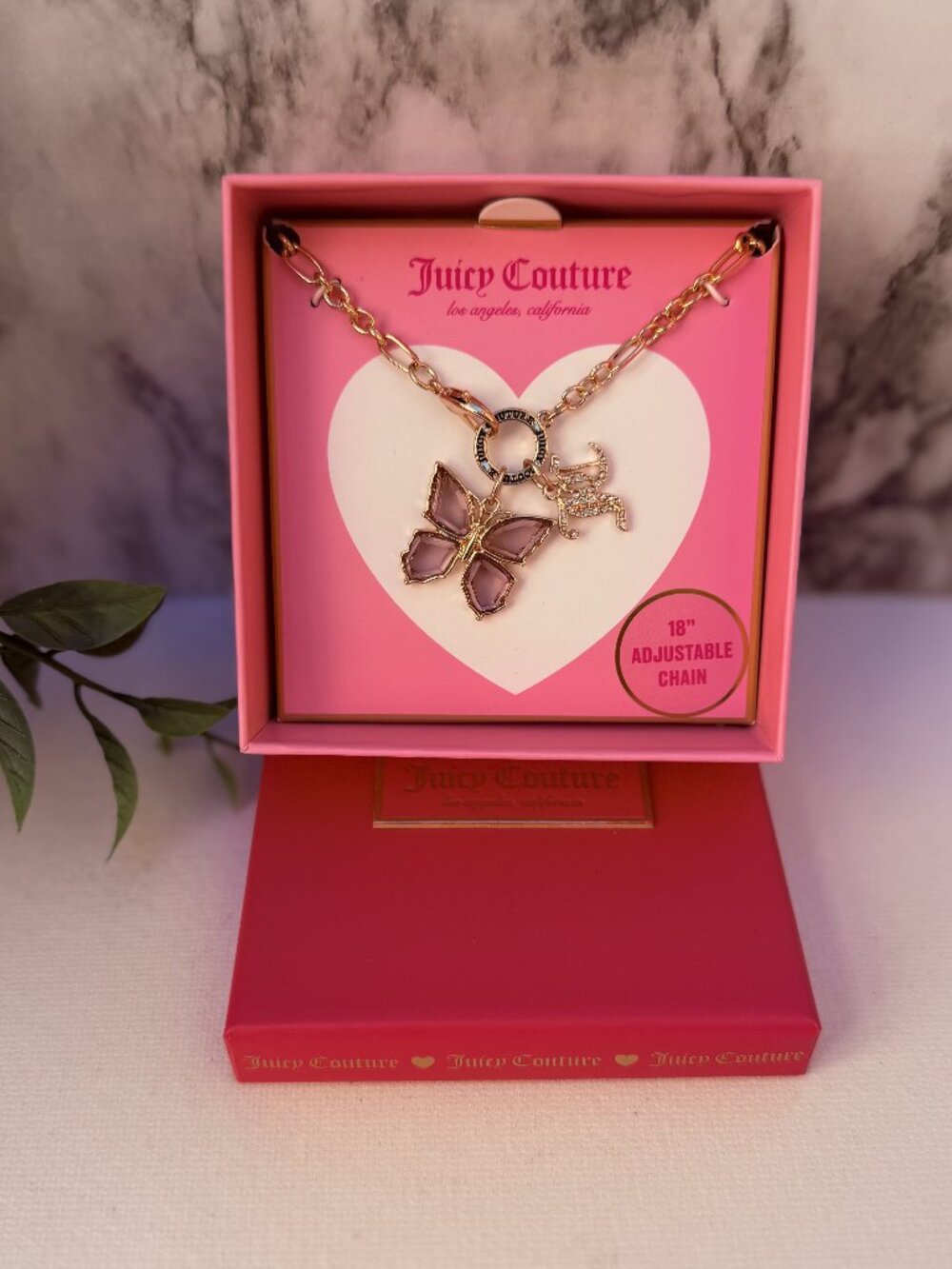 Juicy Couture Butterfly Necklace Gold Tone Pink Crystal Charm 18”
